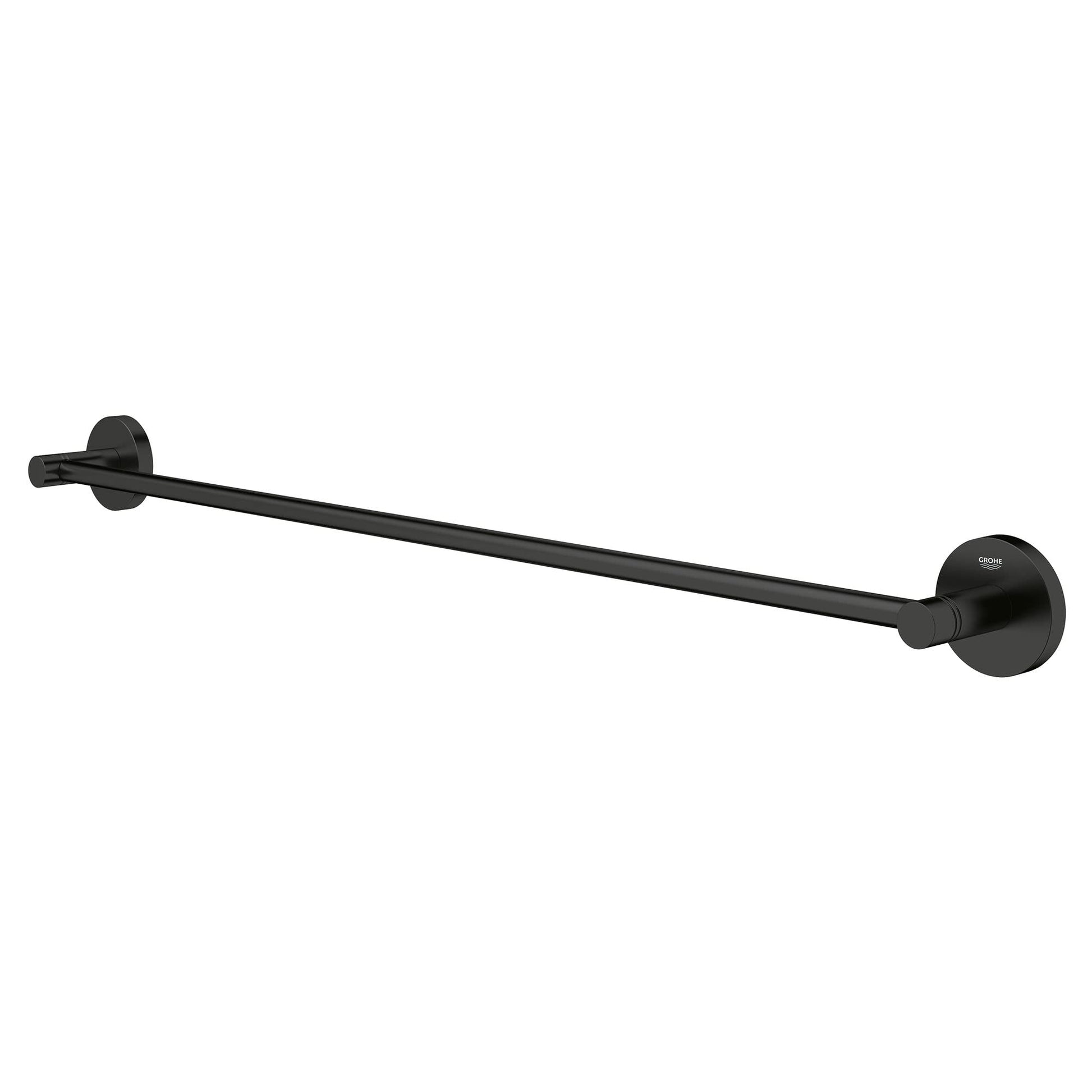 Matte black towel bar with circular mounting plates on each end and straight horizontal rod.