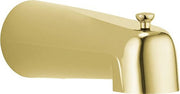Polished brass tub spout with pull-up diverter and curved elongated spout.