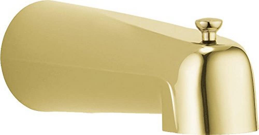 Polished brass tub spout with pull-up diverter and curved elongated spout.