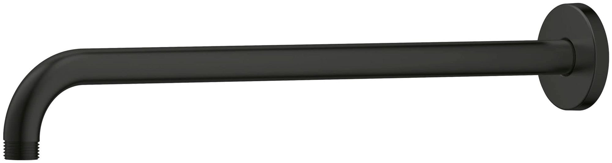 Dark gray curved shower arm with wall-mounted circular flange on right side.