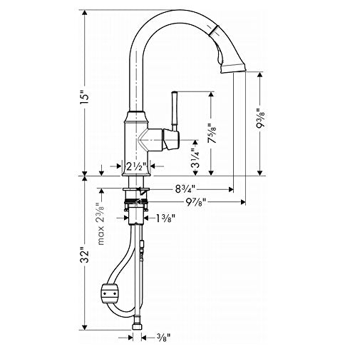 Steel optic high-arc kitchen faucet with pull-down sprayer and dimension measurements labeled.