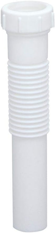 White flexible plastic extension tube with threaded grip section and slip-fit connectors at both ends.