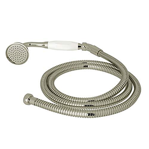 Polished nickel handshower with white handle and coiled flexible hose.