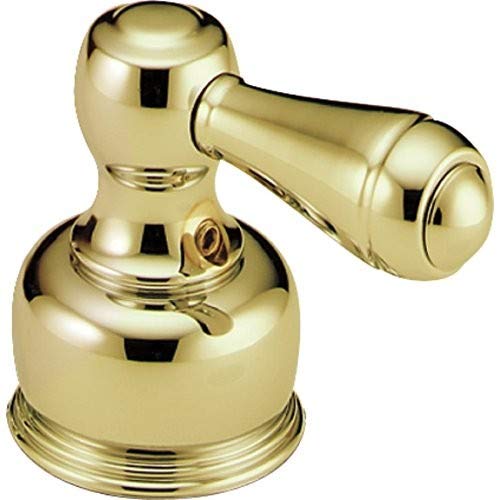 Polished brass metal lever handle set with dome-shaped base and cylindrical lever arm for bathroom faucet.