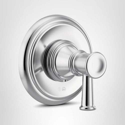 Chrome single-handle transfer valve trim with round escutcheon plate and lever handle.