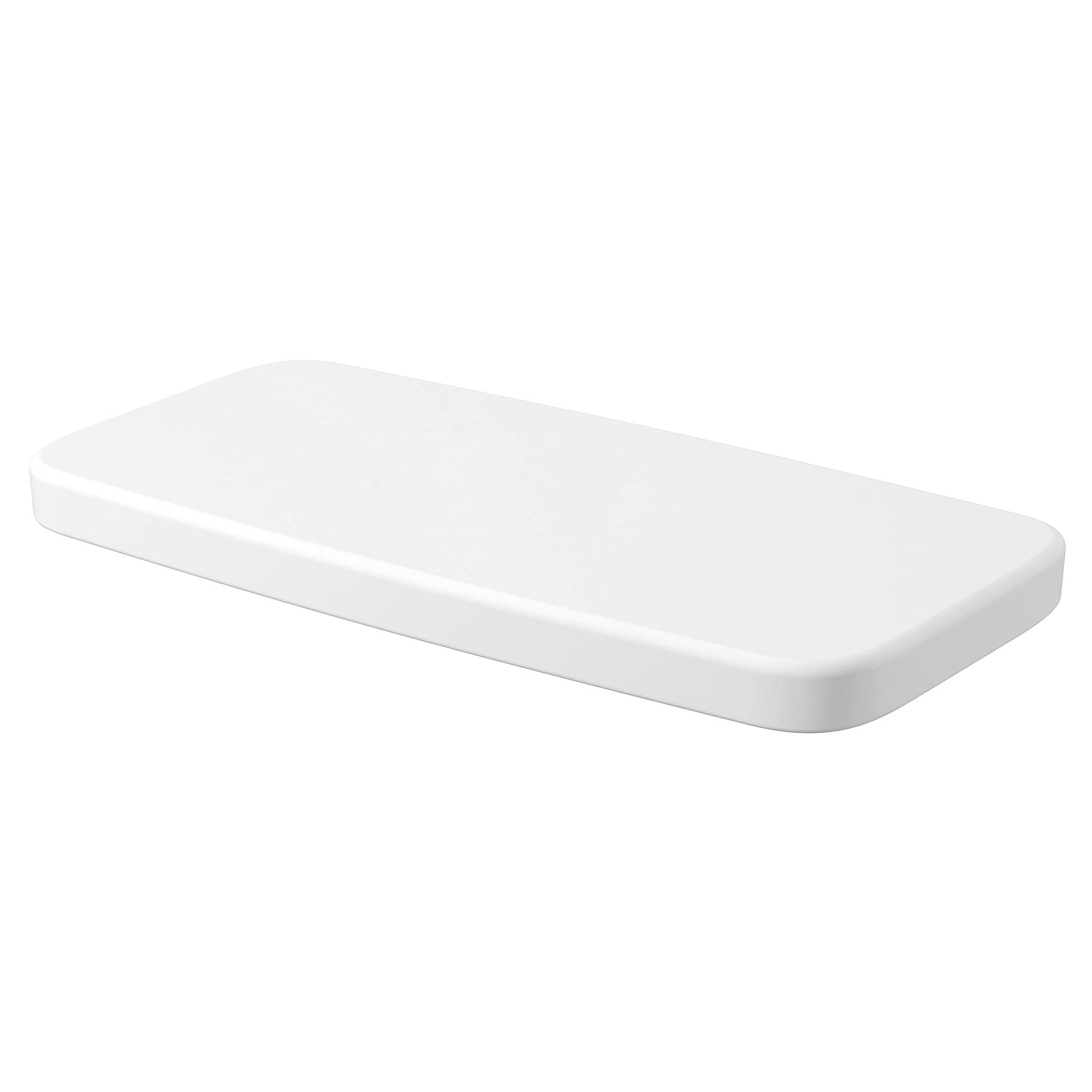 White rectangular toilet tank cover with rounded corners and smooth finish.