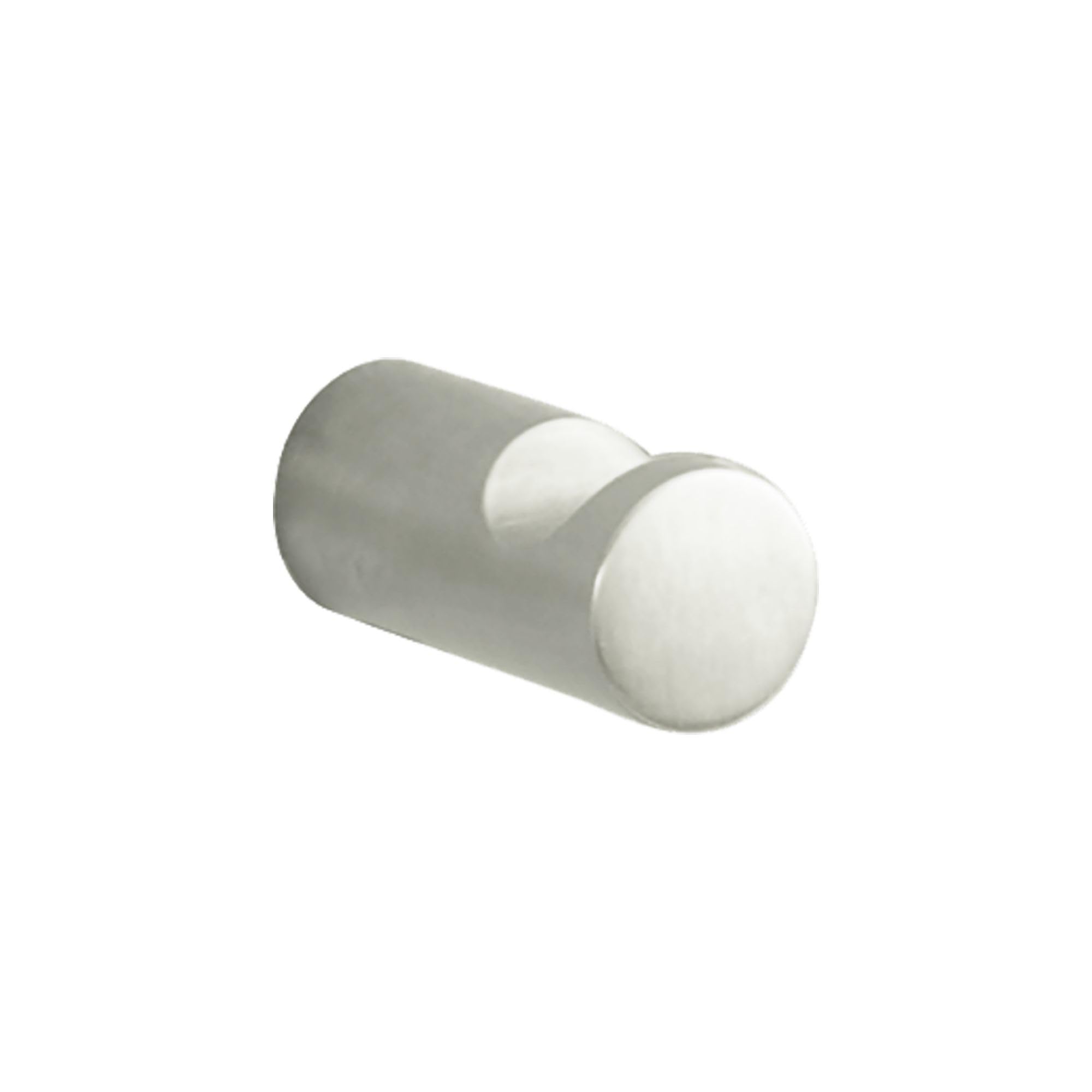 Brushed nickel wall-mounted hook with a cylindrical body and white spherical knob.