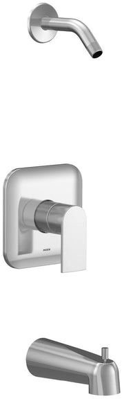 Chrome tub and shower trim kit with single handle valve and curved spout.