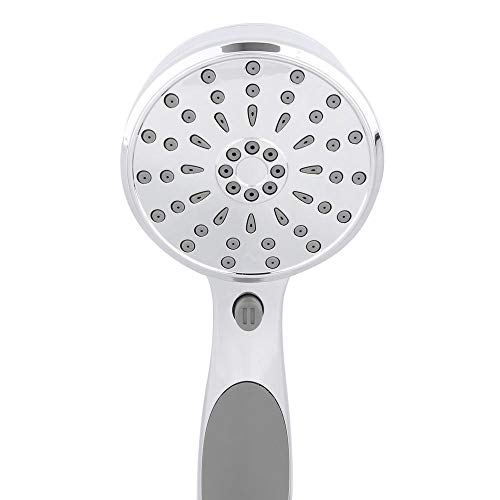 Chrome and white handheld showerhead with multiple spray jets and a control button on the handle.
