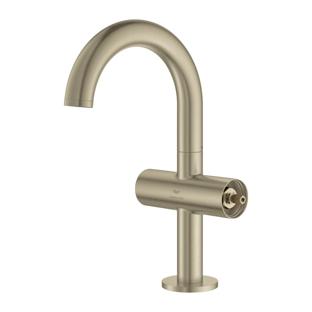 Brushed nickel single-hole bathroom faucet with curved spout and horizontal side handle.