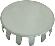 Light gray plastic snap-in faucet hole cover with tabs on underside for installation.