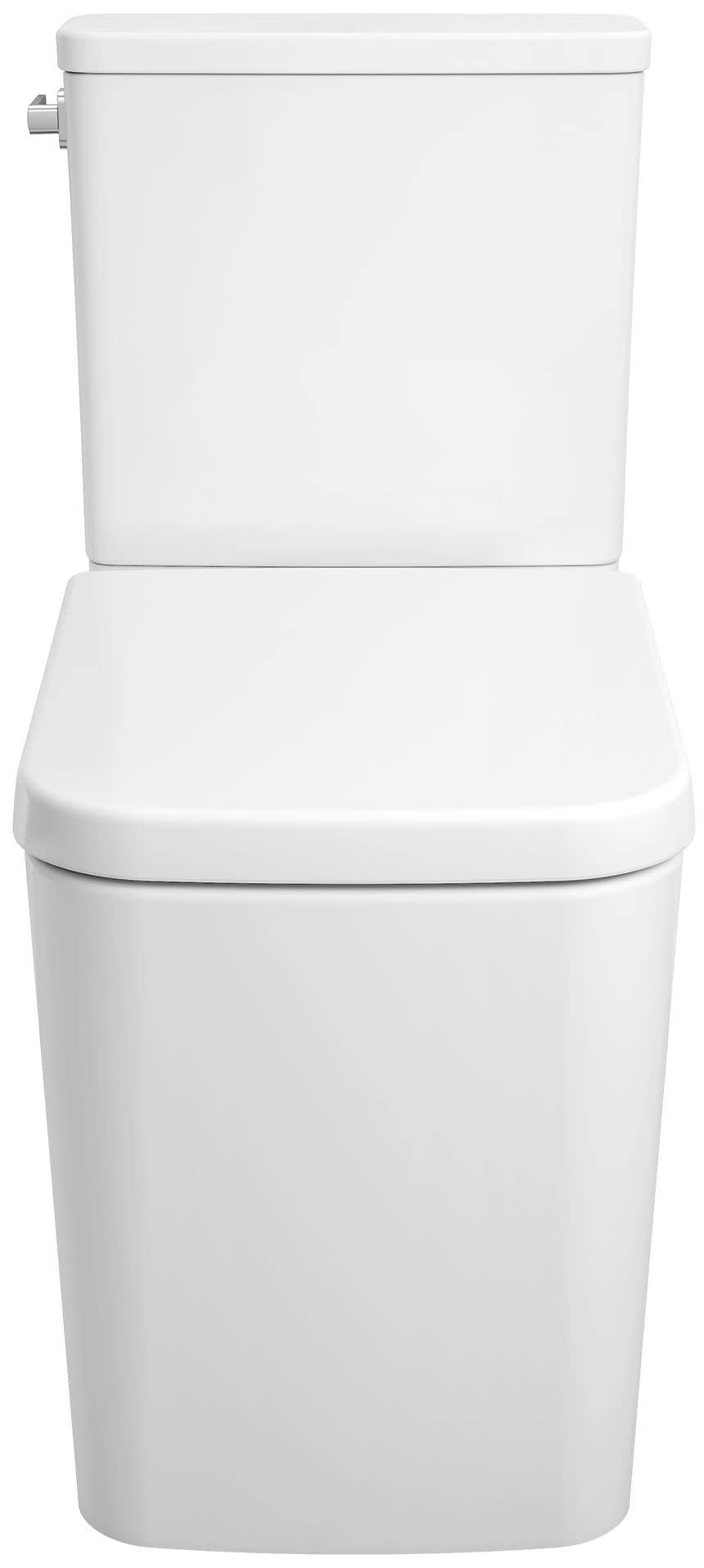 White two-piece elongated toilet with seat and left-hand trip lever on tank.