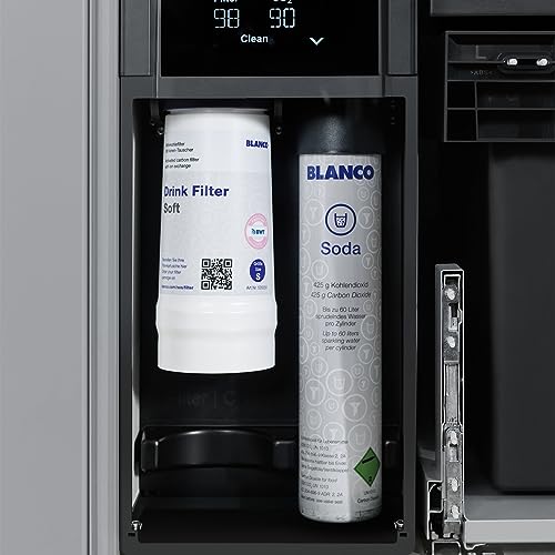 White Blanco replacement filter cartridge and soda canister installed in black water system housing.