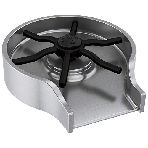 Brushed metal glass rinser with black four-arm spray head and curved basin.