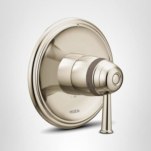 Polished nickel thermostatic shower valve trim with round escutcheon and single lever handle.