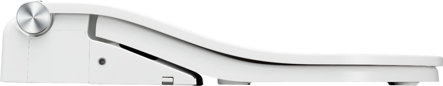 Cotton white electronic bidet toilet seat with control dial on left side and curved design.