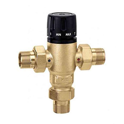 Brass 3-way mixing valve with black temperature control knob and threaded NPT ports.
