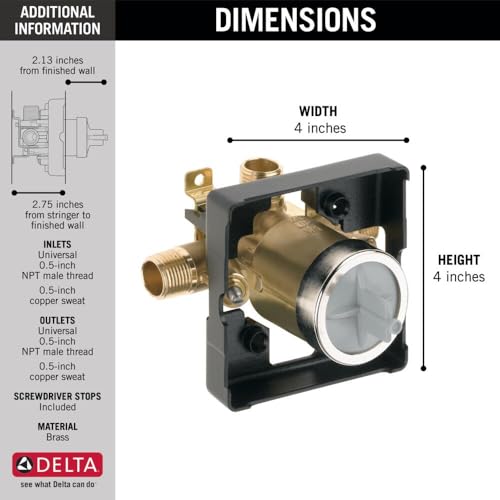 Brass shower valve rough-in with black plastic body, 4 inches high and 4 inches wide, featuring inlet and outlet ports.
