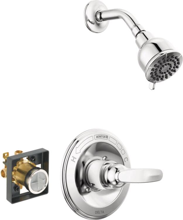 Chrome shower trim kit with round showerhead, curved arm, valve body, and integrated monitor cartridge.