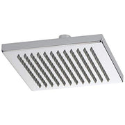 Square chrome raincan shower head with linear spray pattern and mounting connection visible on top.