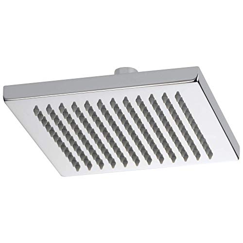 Square chrome raincan shower head with linear spray pattern and mounting connection visible on top.