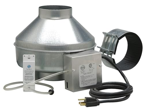Fantech DBF 4XLT dryer exhaust fan with metal housing, control box, power cord, and black flexible duct connector.