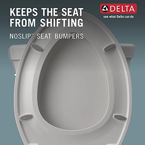 White elongated toilet seat with slow-close mechanism and non-slip bumpers, viewed from above.