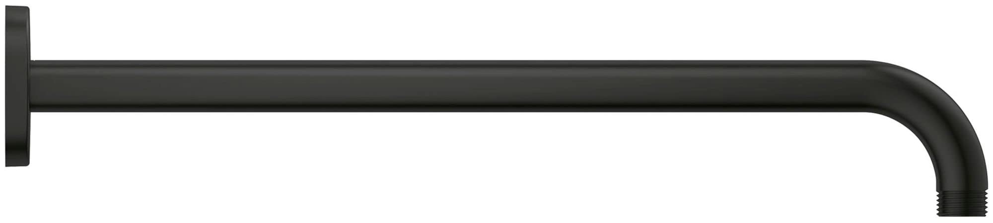 Matte black curved shower arm with wall-mounted square flange on left side.