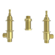 Brass rough valve body with threaded inlet ports and outlet connection for roman tub faucet installation.