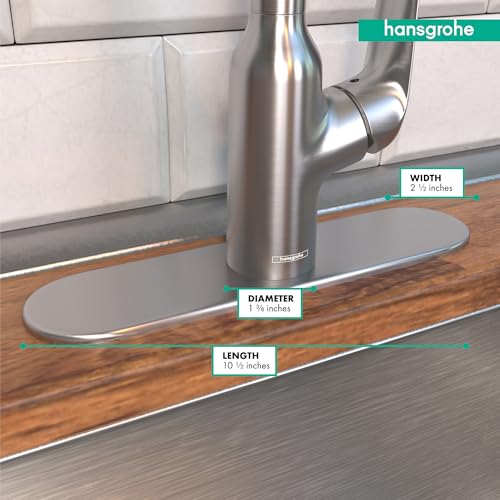 Hansgrohe steel optic base plate for single-hole kitchen faucet with 10-inch length and 2.75-inch diameter.