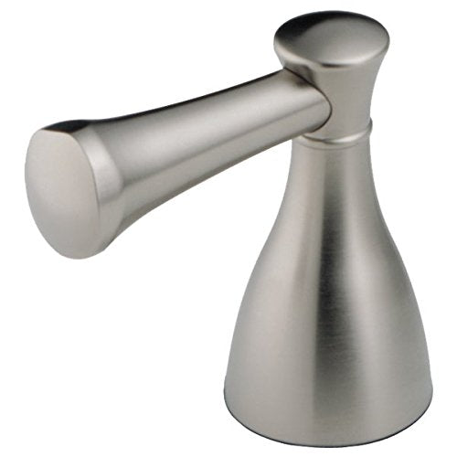 Stainless steel lever handle set with cylindrical spout and cone-shaped base for roman tub installation.
