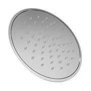 Round rainfall shower head with oil rubbed bronze finish and multiple spray ports.