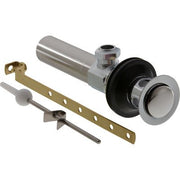 Chrome metal bathroom drain assembly with cylindrical body, push-button mechanism, brass mounting bracket, and rod components