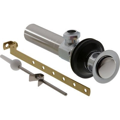 Chrome metal bathroom drain assembly with cylindrical body, push-button mechanism, brass mounting bracket, and rod components