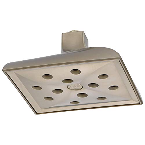 Brushed nickel ceiling-mount shower head with rectangular face and multiple spray jets.
