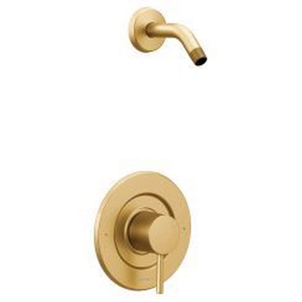 Brushed gold shower trim with curved spout and round valve control, showerhead not included.