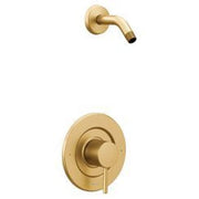 Brushed gold shower trim with curved spout and round valve control, showerhead not included.