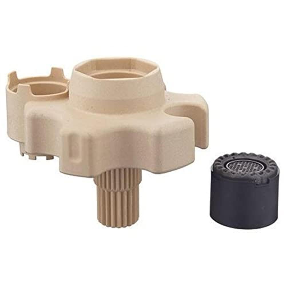 Beige plastic flow straightener component with ribbed stem and black chrome aerator cap displayed separately.
