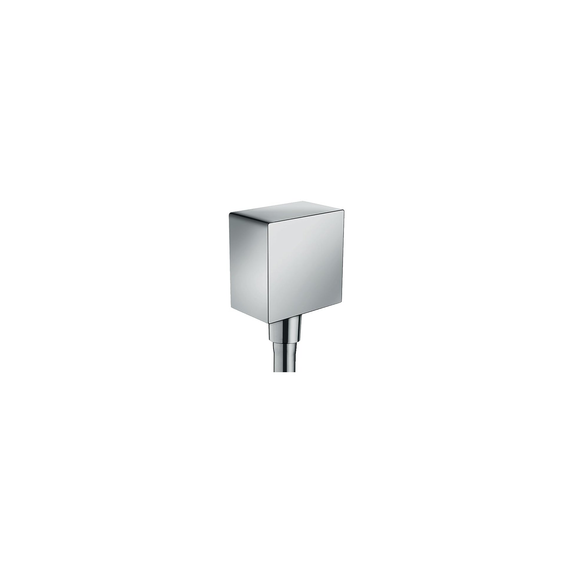 Chrome square wall outlet with cylindrical connector and integrated check valves.