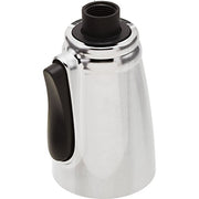 Stainless steel pull-down spray assembly with black rubber handle and threaded connector top.