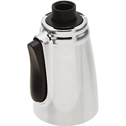 Stainless steel pull-down spray assembly with black rubber handle and threaded connector top.