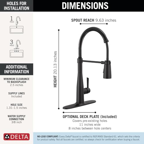 Matte black single-handle pull-down kitchen faucet with coiled spray hose and deck plate, 20.13 inches height.