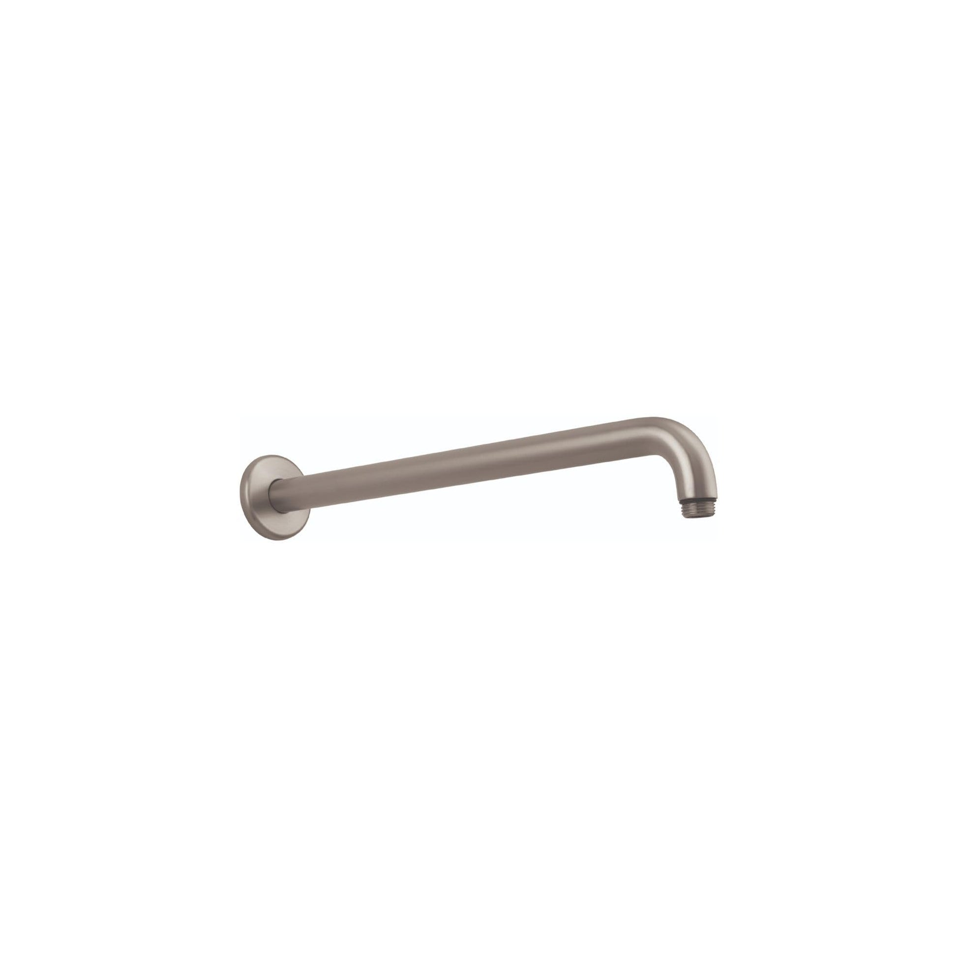 Brushed nickel shower arm with wall-mounted circular flange and angled outlet connection.