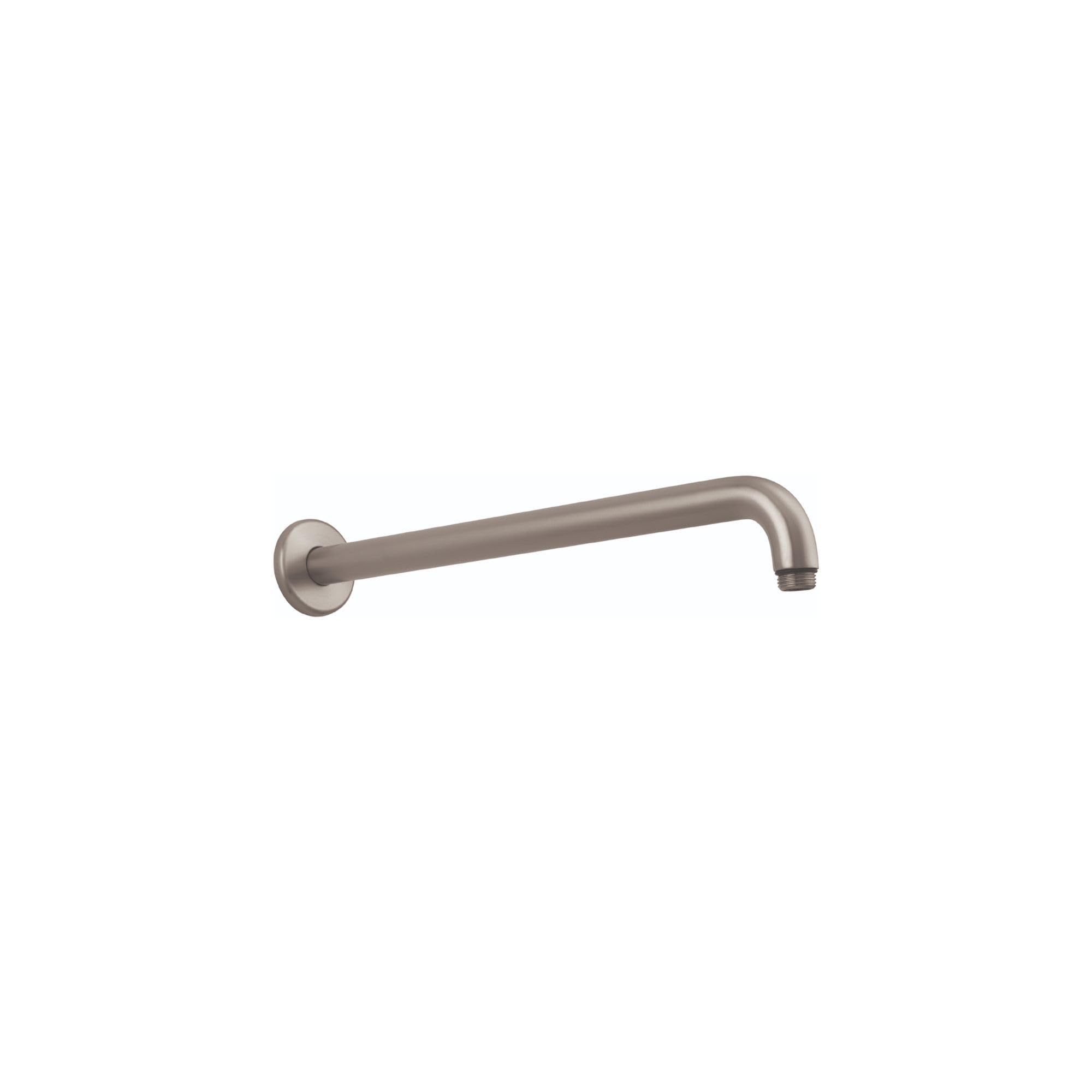 Brushed nickel shower arm with wall-mounted circular flange and angled outlet connection.
