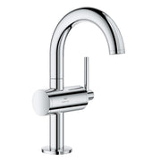Chrome single-hole bathroom faucet with curved spout, cylindrical handle, and round base.