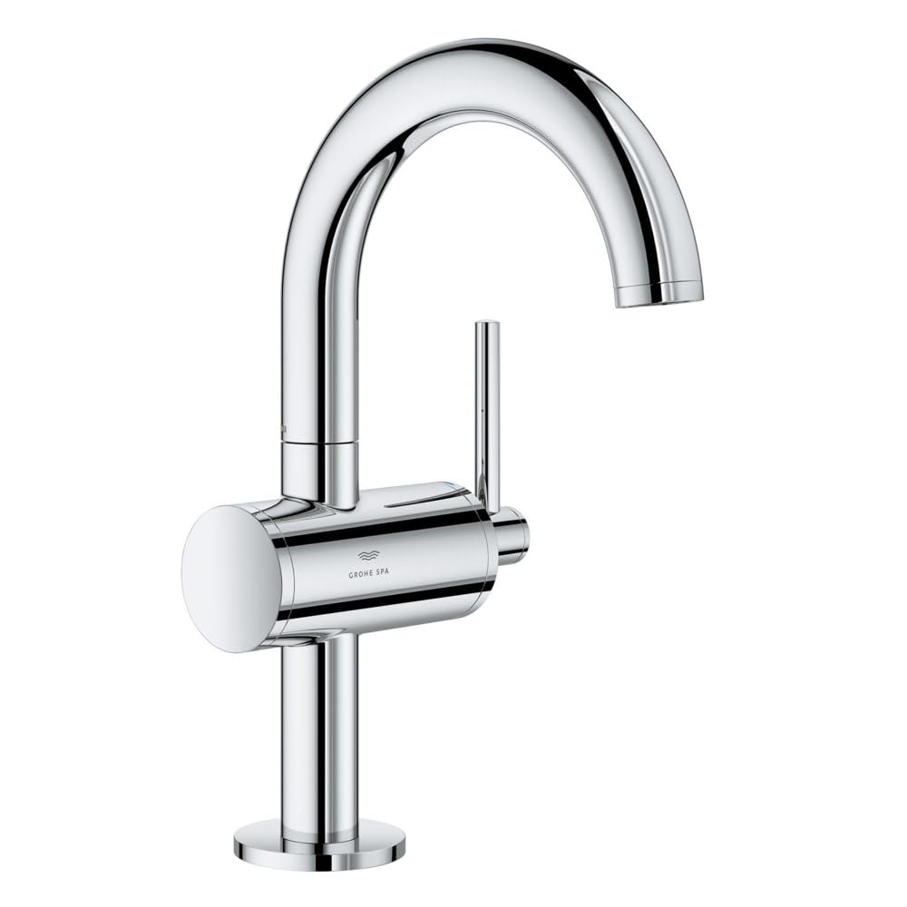 Chrome single-hole bathroom faucet with curved spout, cylindrical handle, and round base.