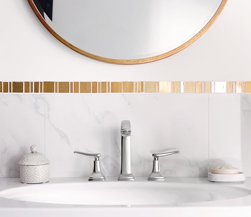 Brushed nickel widespread bathroom faucet with tall center spout and lever handles on white sink.