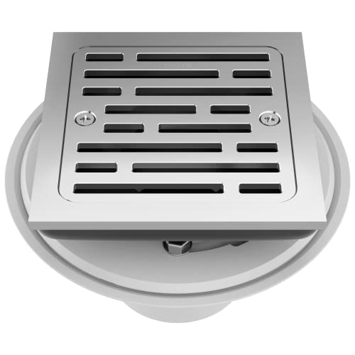 Chrome square shower drain with horizontal slot grate and mounting flanges, top view.