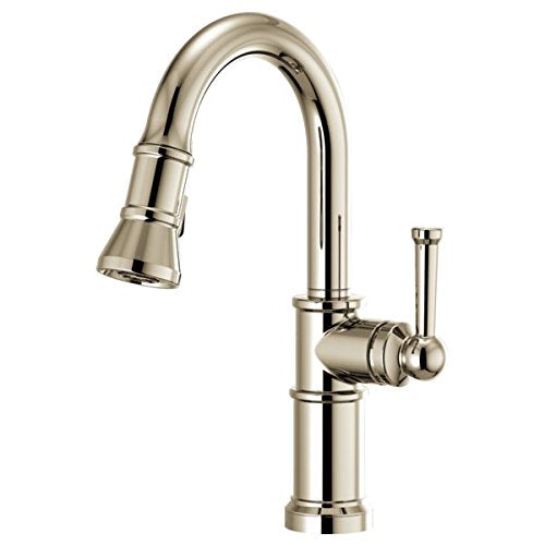 Chrome pull-down prep faucet with curved spout and single lever handle.