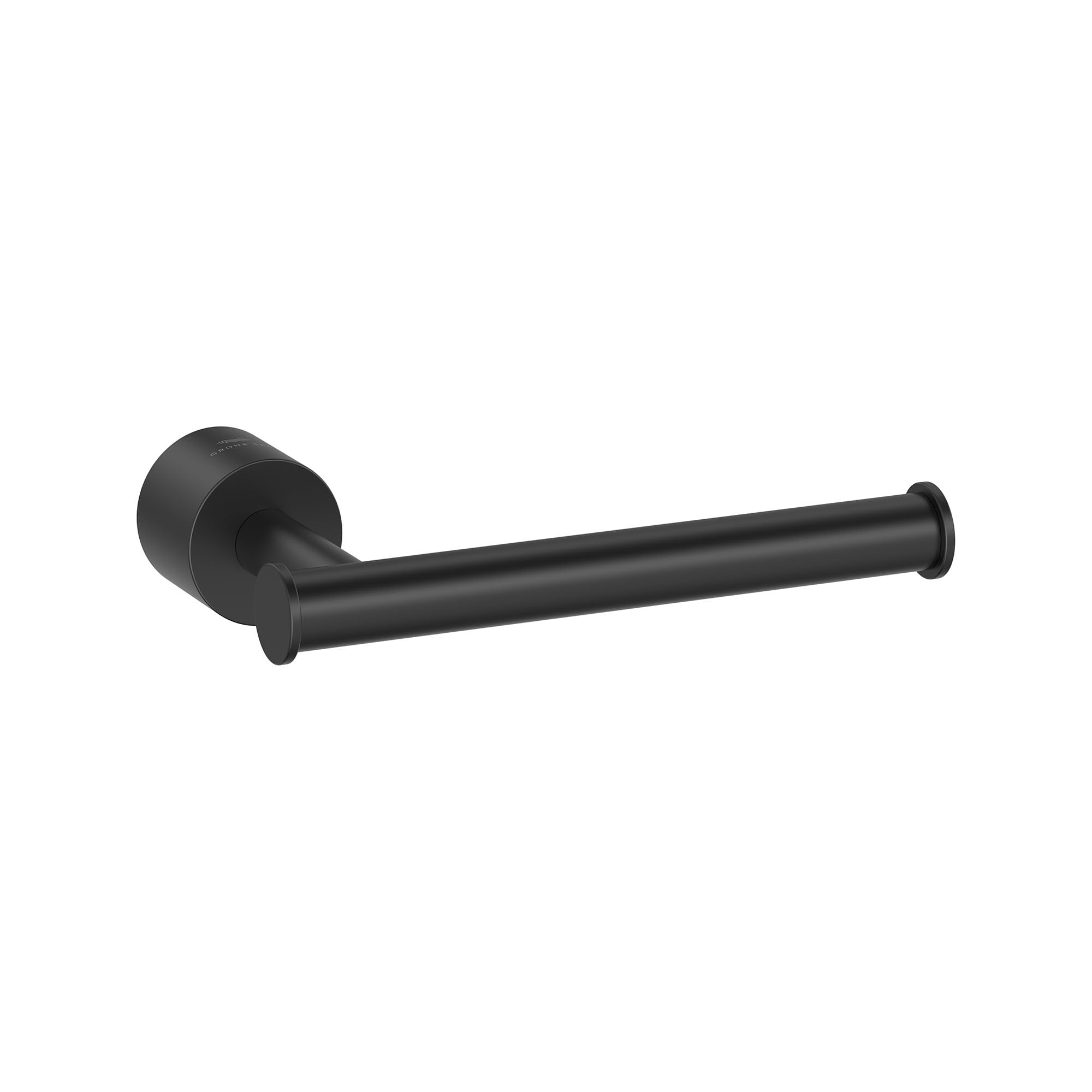 Matte black toilet paper holder with cylindrical bar and circular wall mount, open design without cover.